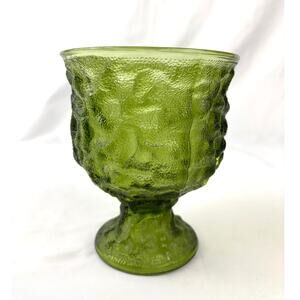 Vintage Avocado Green Compote Crinkle‎ Glass Pedestal Bowl E. O. Brody 6.5" Tall